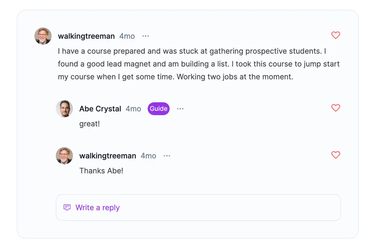 Ruzuku discussion forum showing student interactions and community building